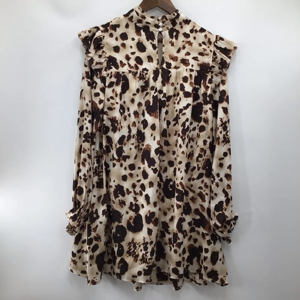 Entro Cow Print Ruffled Long Sleeve Mini Dress - Picture 3 of 16